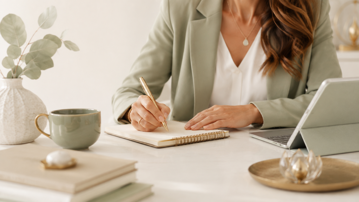 A marketer planning the week in her notebook beside her tablet